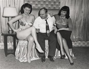 (BETTIE PAGE - PIN UP) Group of four Bettie Page snapshots with Irving Klaw and Roz Greenwood.